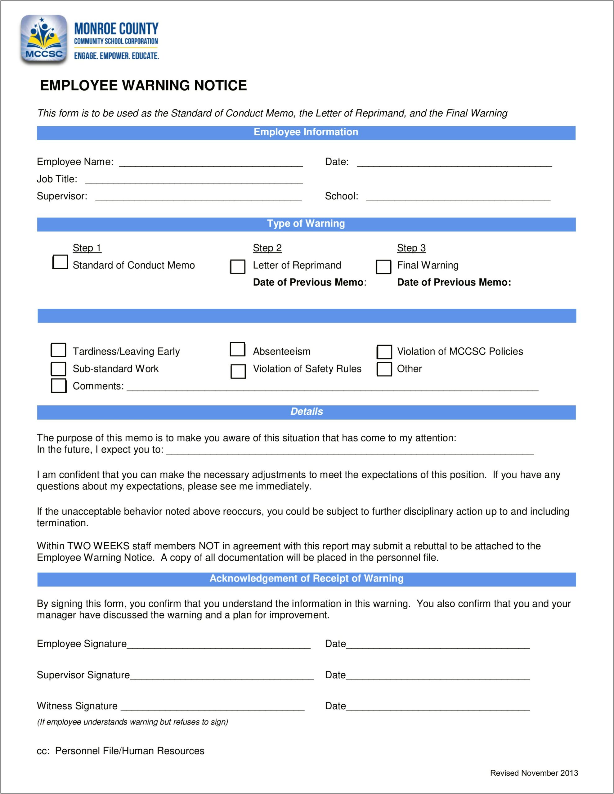 Free Employee Warning Notice Form Template