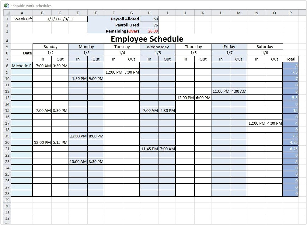 Free Employee Weekly Work Schedule Template