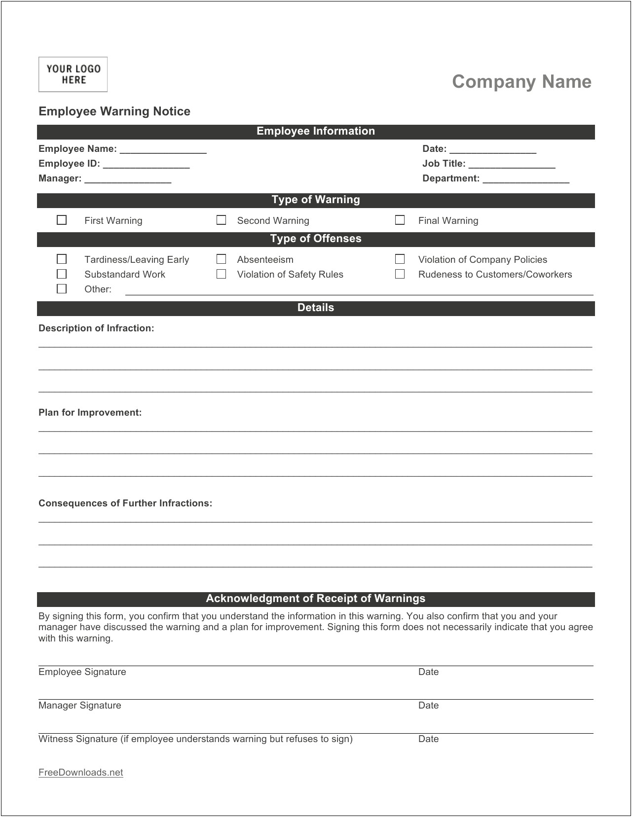 Free Employee Write Up Template Word In Pdf