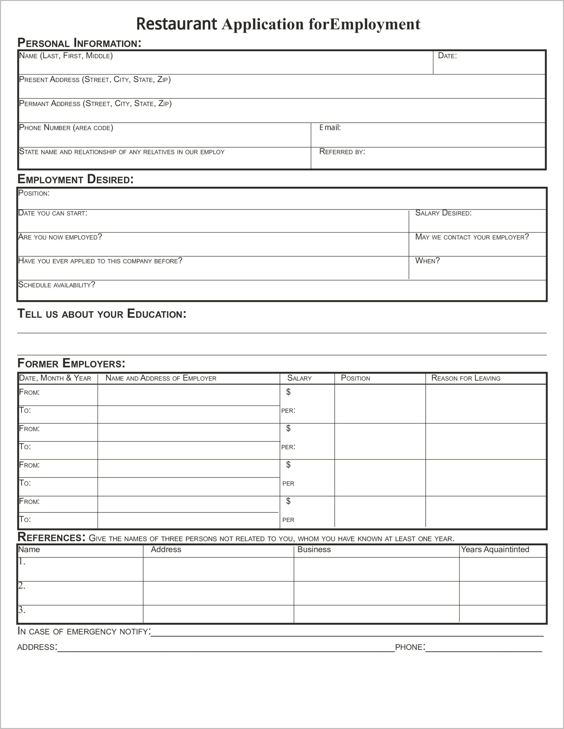 Free Employment Application Template For Coffee Sho