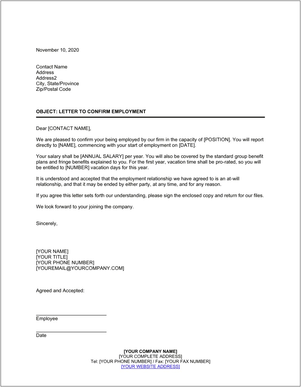 Free Employment Confirmation Letter Template Doc
