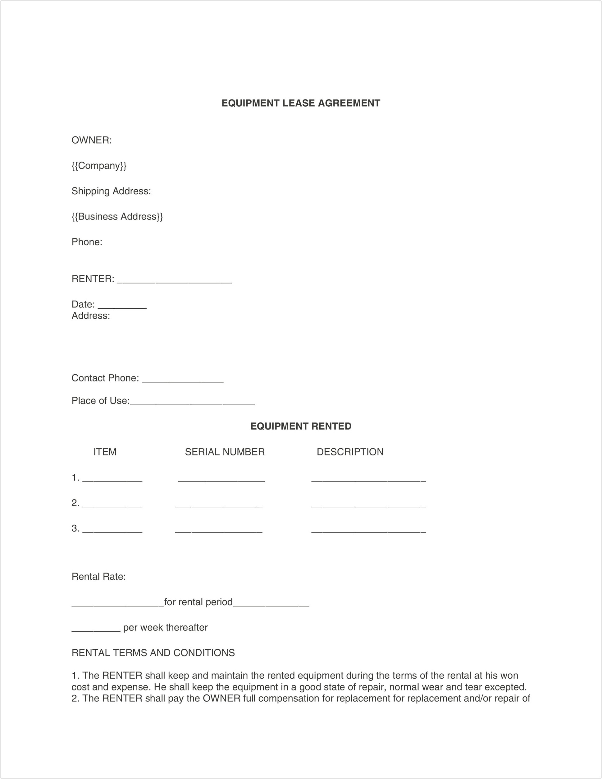 Free Equipment Use Agreement Form Template