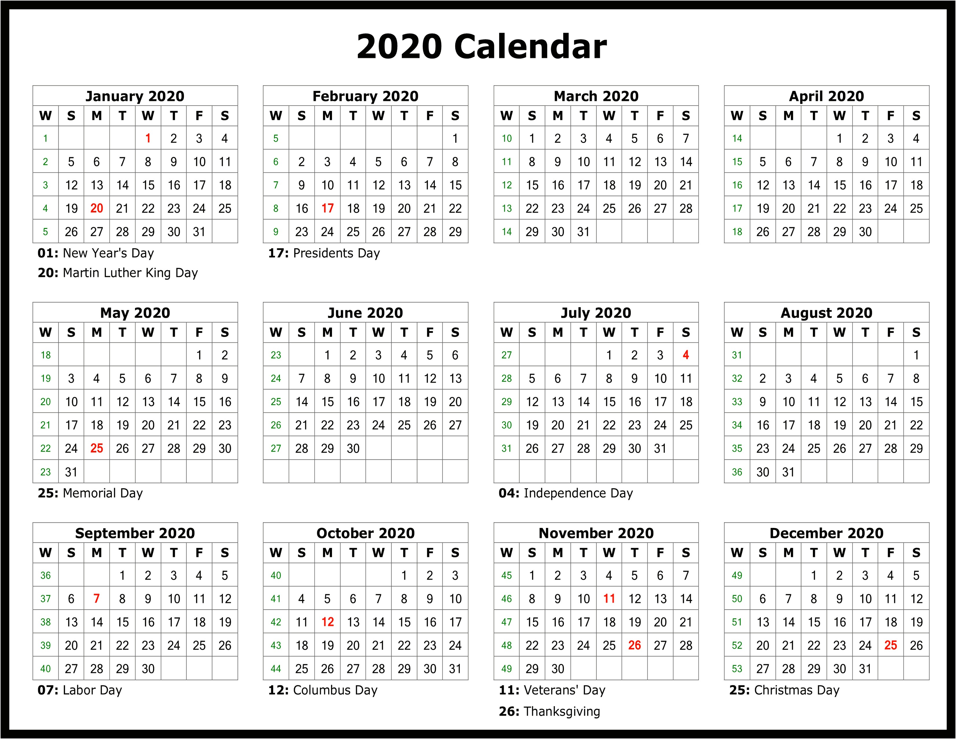 Free Excel 2020 Yearly Calendar Template