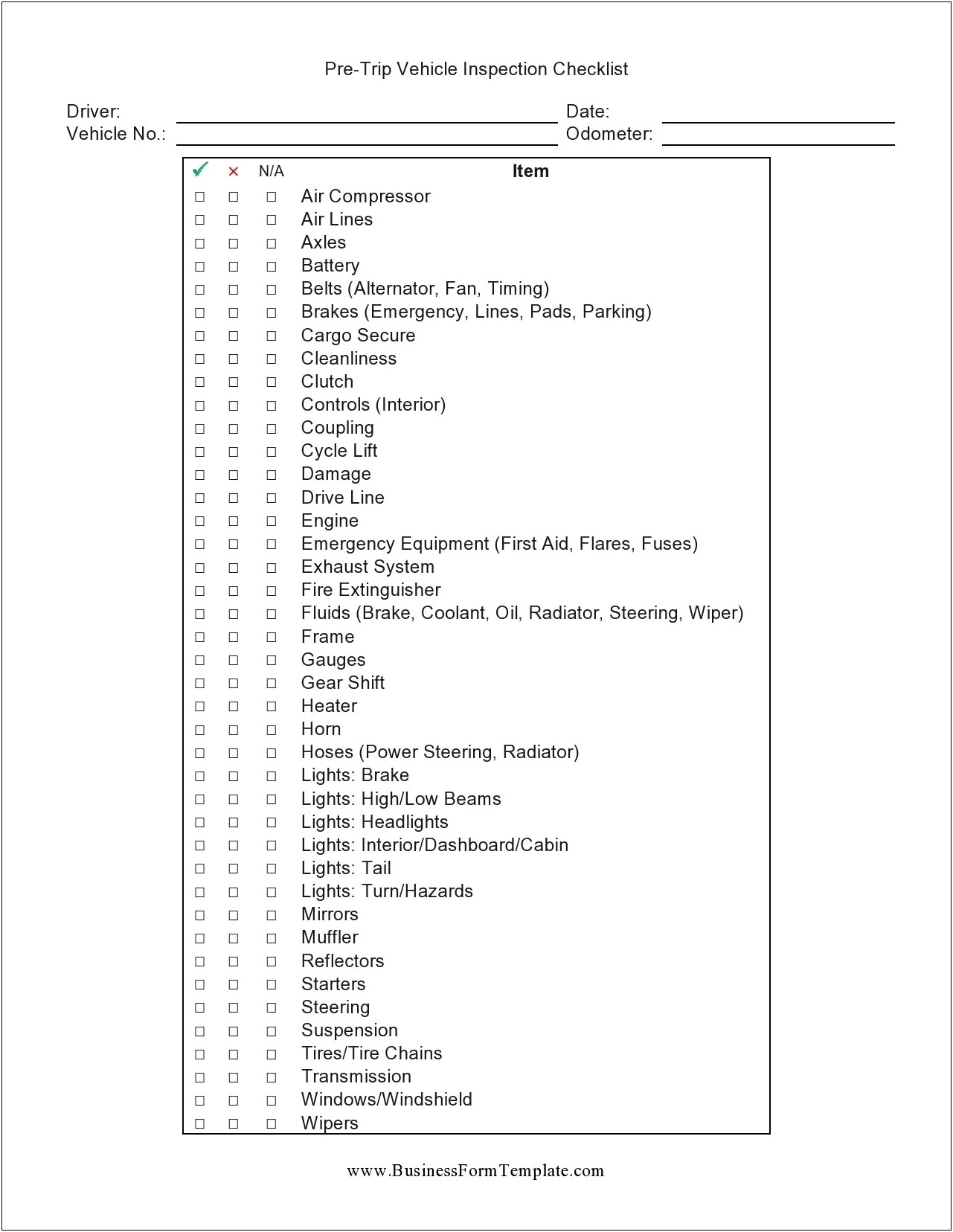 Free Excel Auto Inspection Checklist Templates