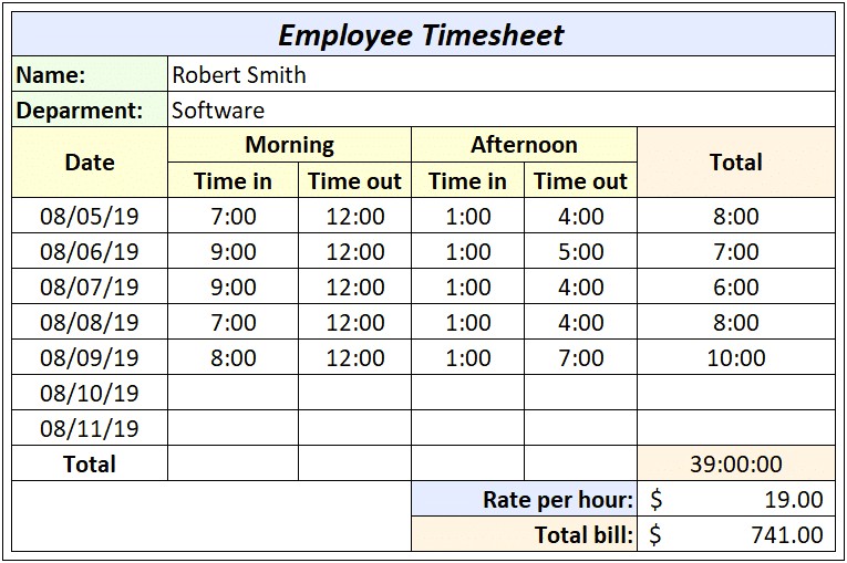 Free Excel Monthly Timesheet Template With Formulas