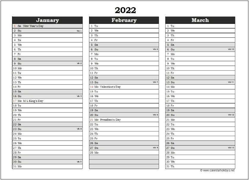 Free Excel Template Calendar Quarterly Blank