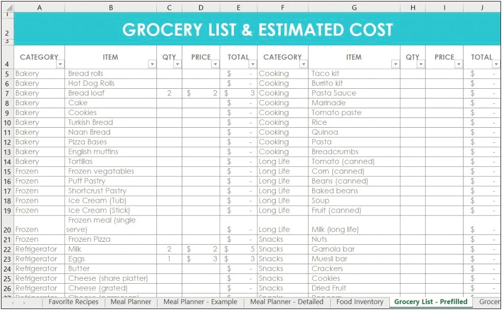 Free Excel Template For Grocery List