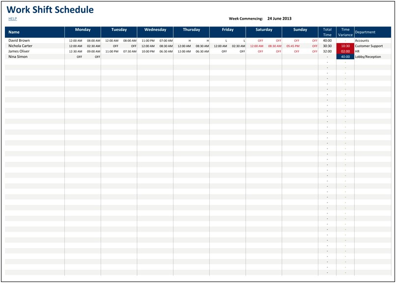 Free Excel Two Shift Timesheet Template