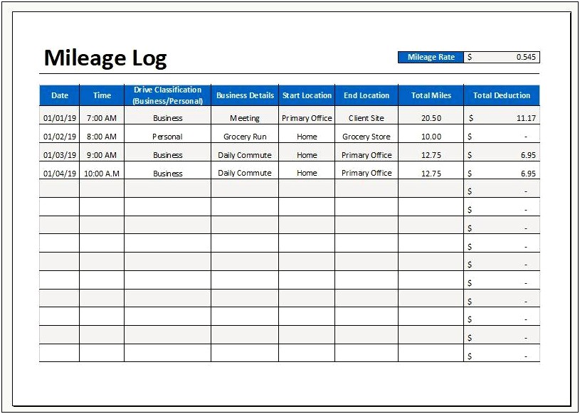 Free Excel Vehicle Log Book Template
