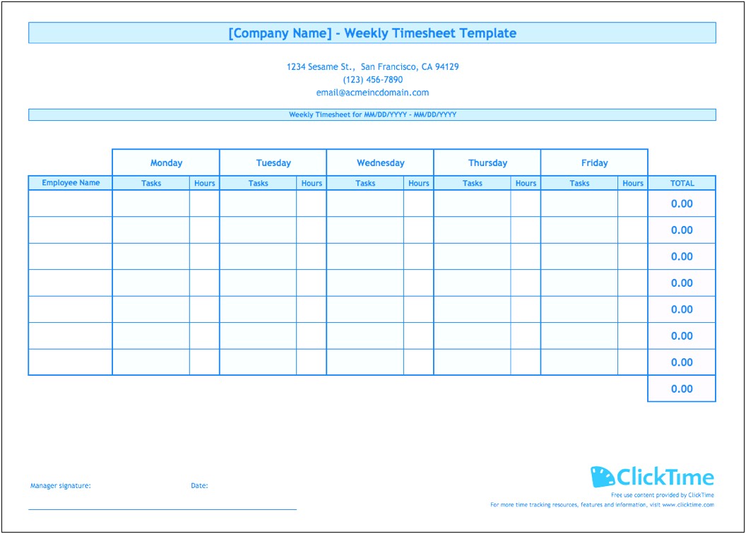 Free Excel Weekly Timesheet Template With Formulas