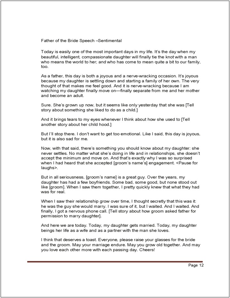 Free Father Of The Bride Speech Template