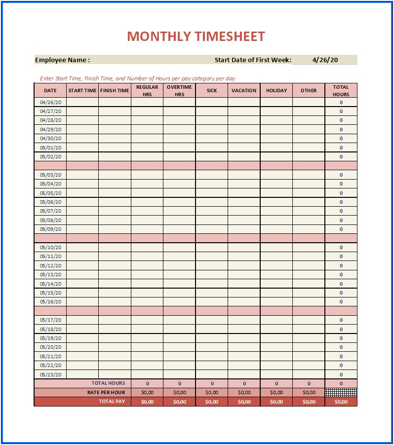 Free Fillable Printable Monthly Timesheet Template
