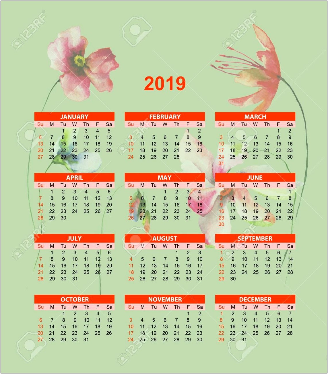Free Floral April 2019 Calendar Template