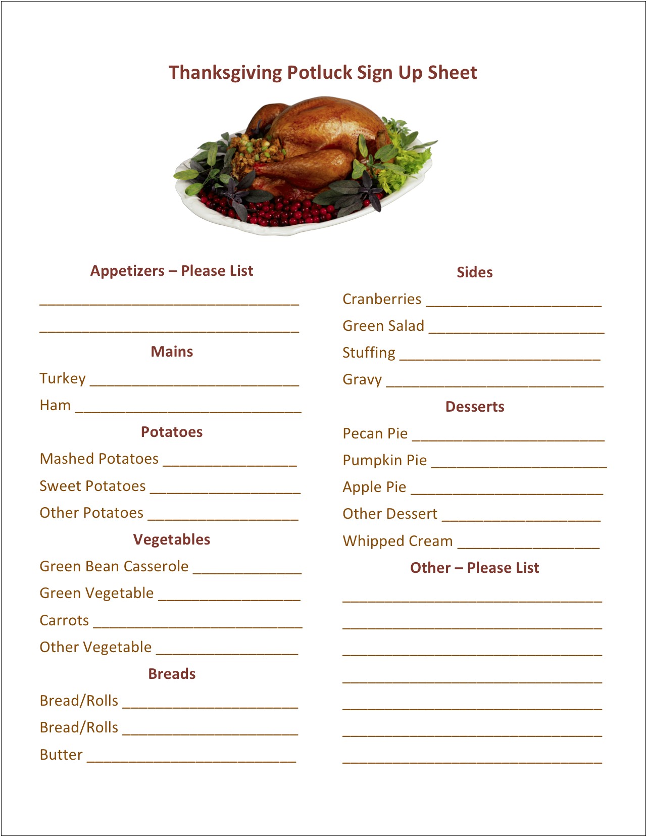 Free Food Sign Up Sheet Template