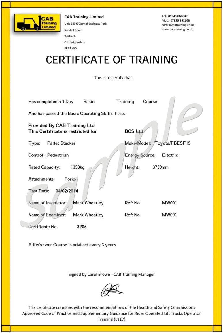 Free Forklift Certification Wallet Card Template