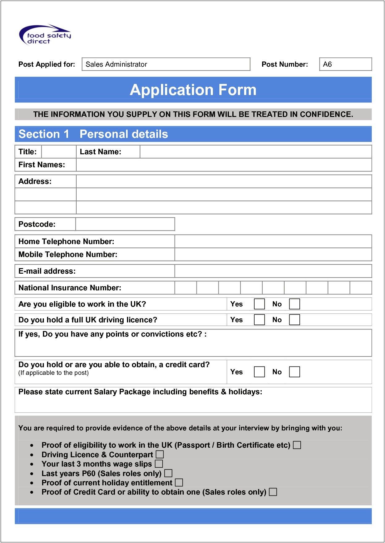 Free Generic Employment Application Form Template