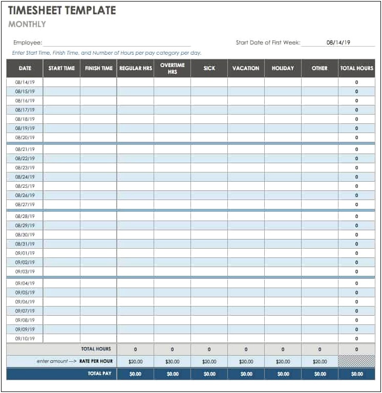 Free Google Docs Monthly Timesheet Template With Overtime