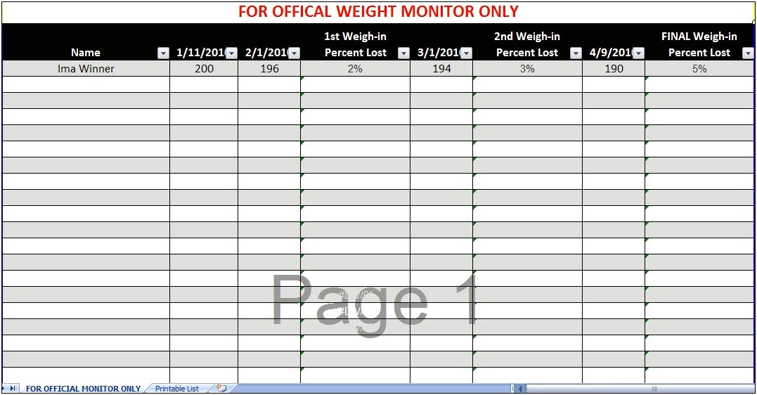Free Group Weight Loss Spreadsheet Template