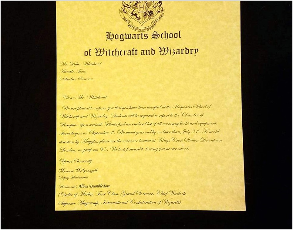 Free Harry Potter Acceptance Letter To Hogwarts Template