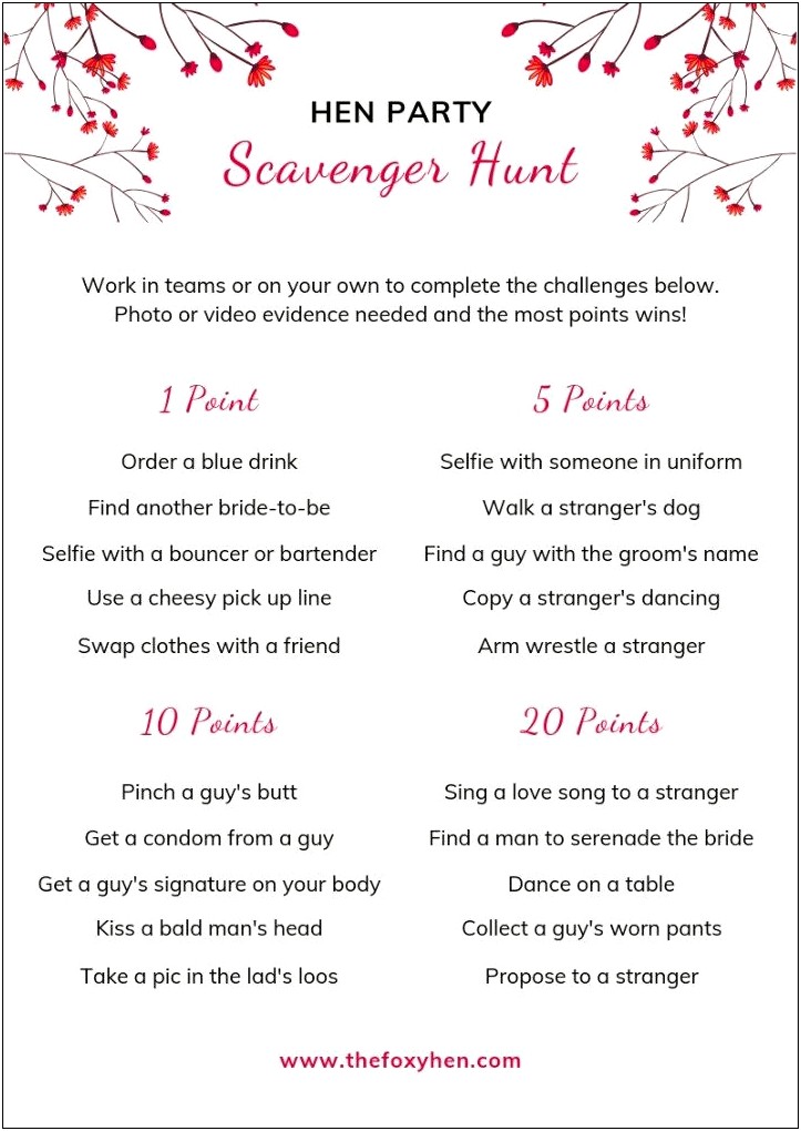 Free Hen Party Scavenger Hunt Template
