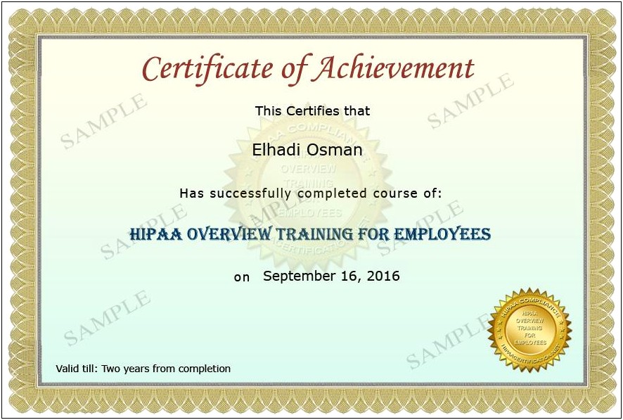 Free Hipaa Training Completed Certificate Template
