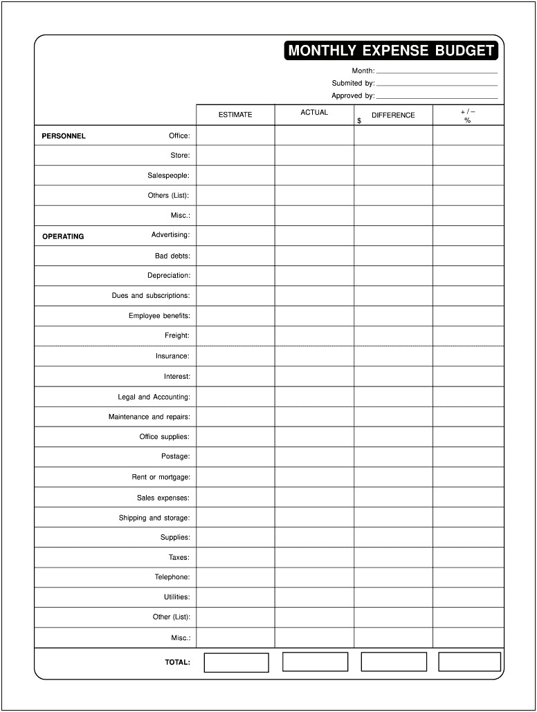 Free Home Monthly Expenses Blank Template