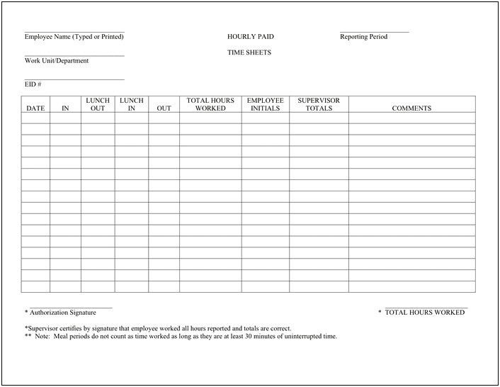Free Hourly Timesheet Template Free Daily