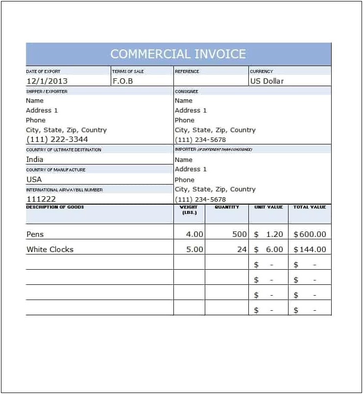 Free International Commercial Excel Invoice Template