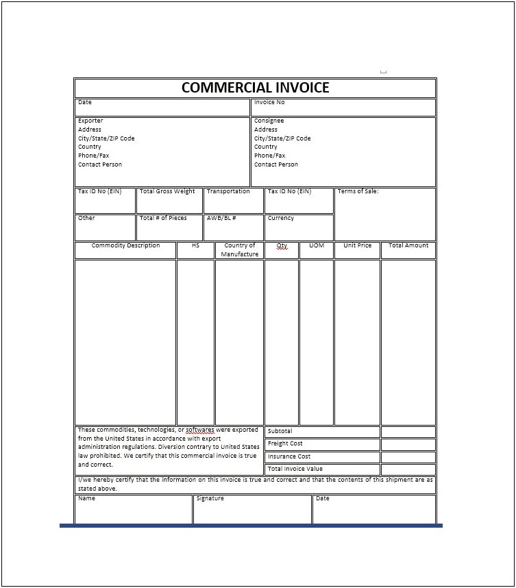 Free International Commercial Invoice Templates Pdf Eforms Eforms