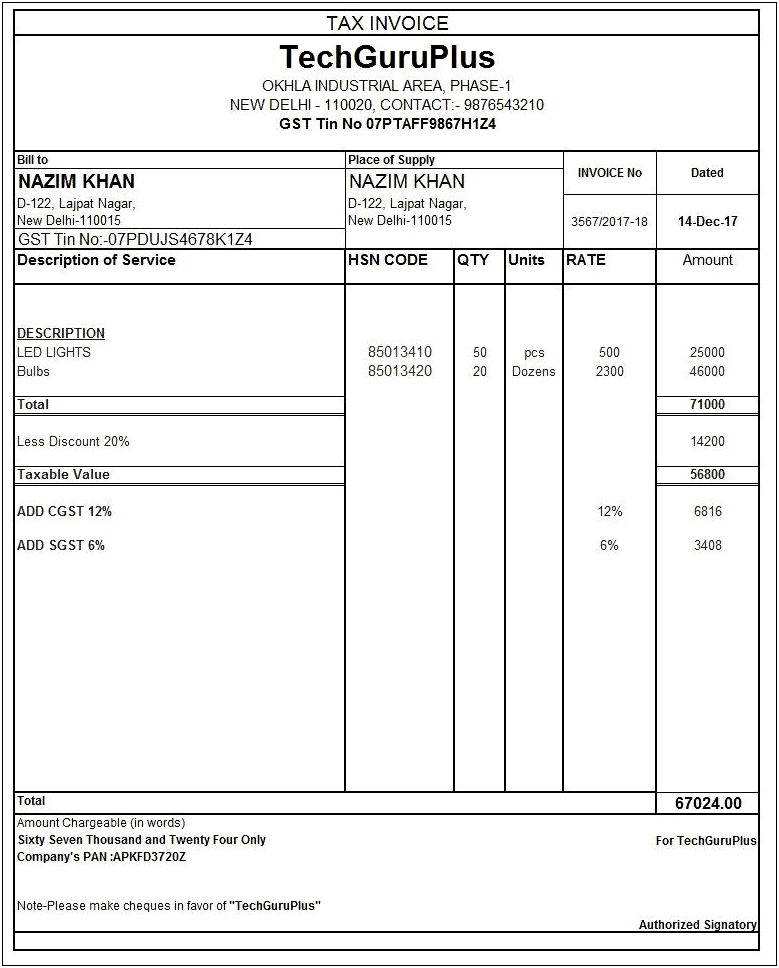Free Invoice Template Excel With Gst
