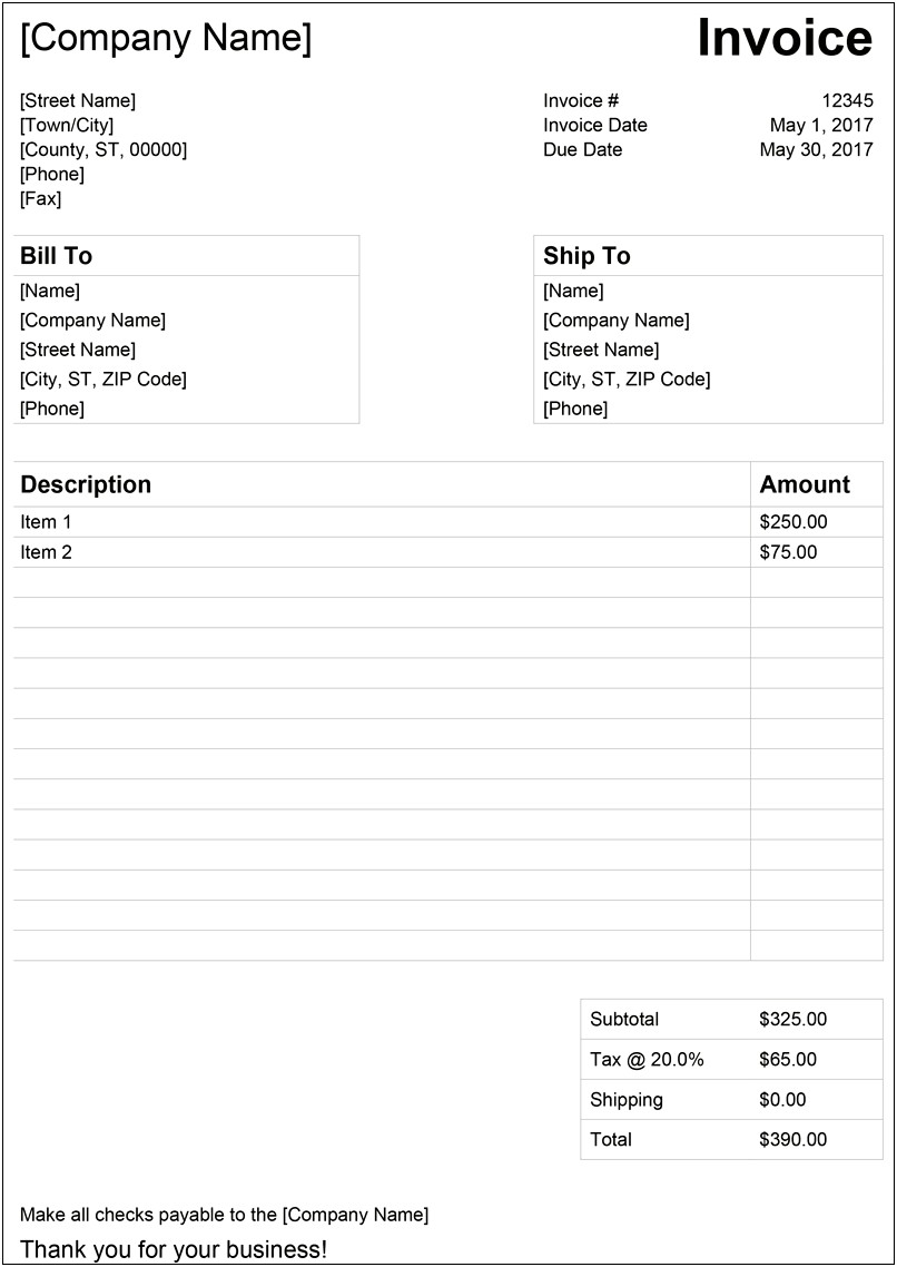 Free Invoice Template For Excel 2003