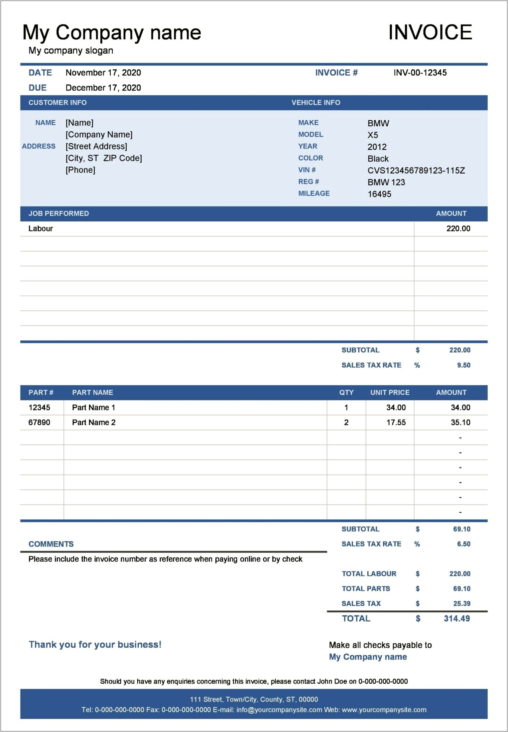Free Invoice Template For Tire Service