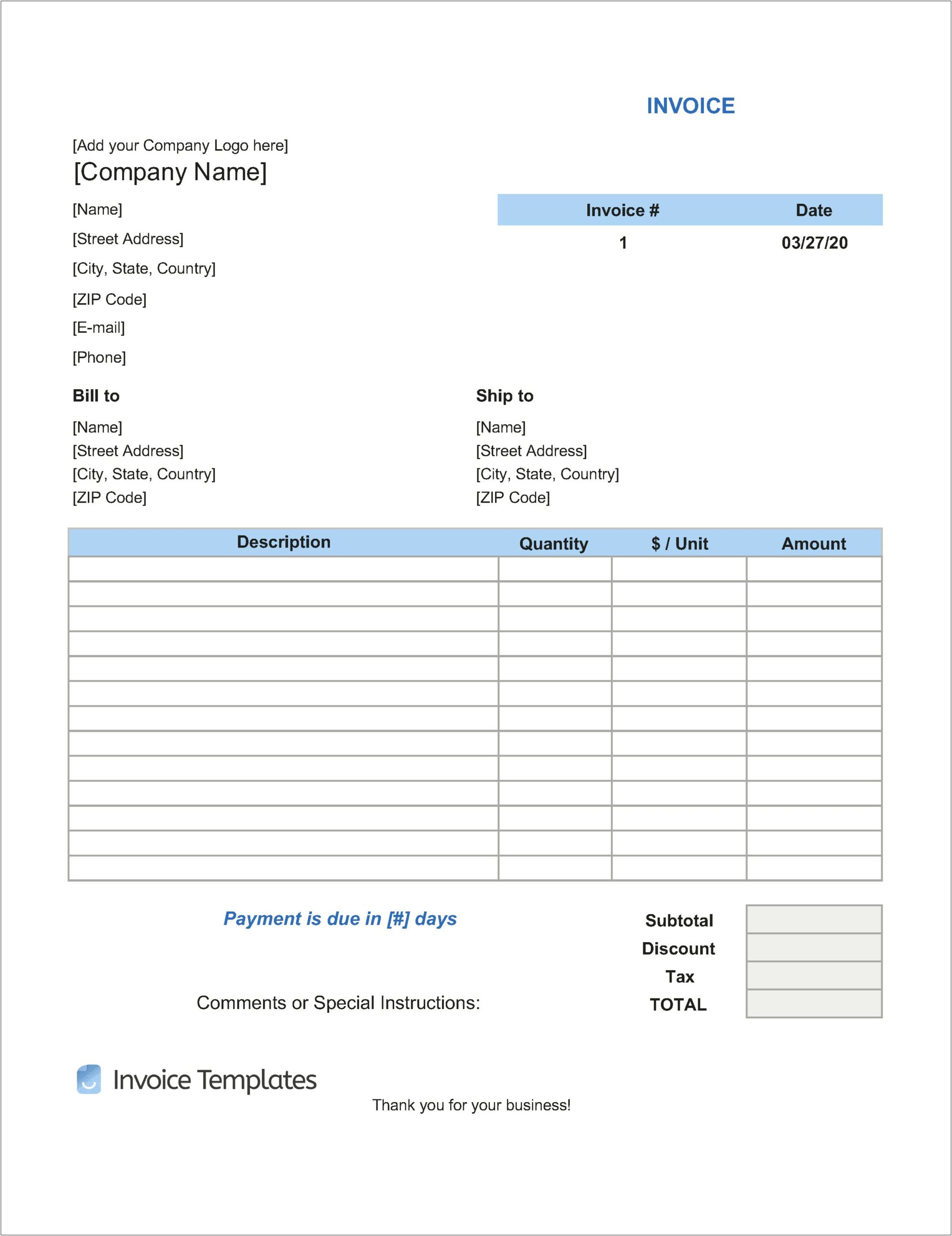 Free Invoice Template For Word 2010