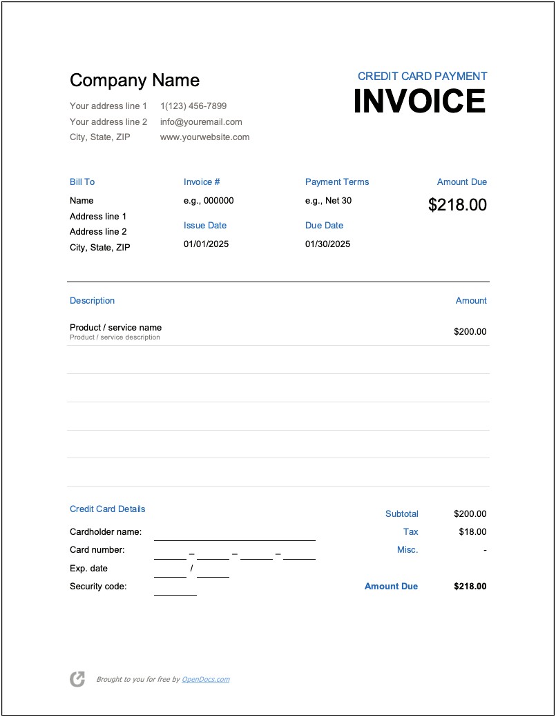 Free Invoice Template With Credit Card Payment Option