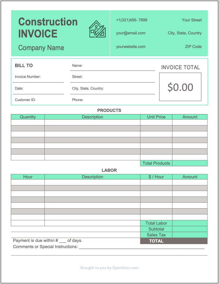 Free Invoice With Labor Template Excel
