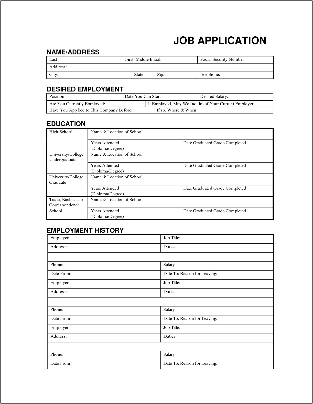 Free Job Application Form Template Word