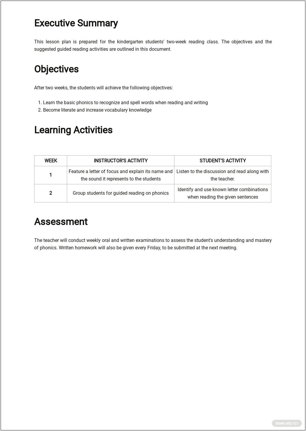 Free Kindergarten Guided Reading Lesson Plan Template