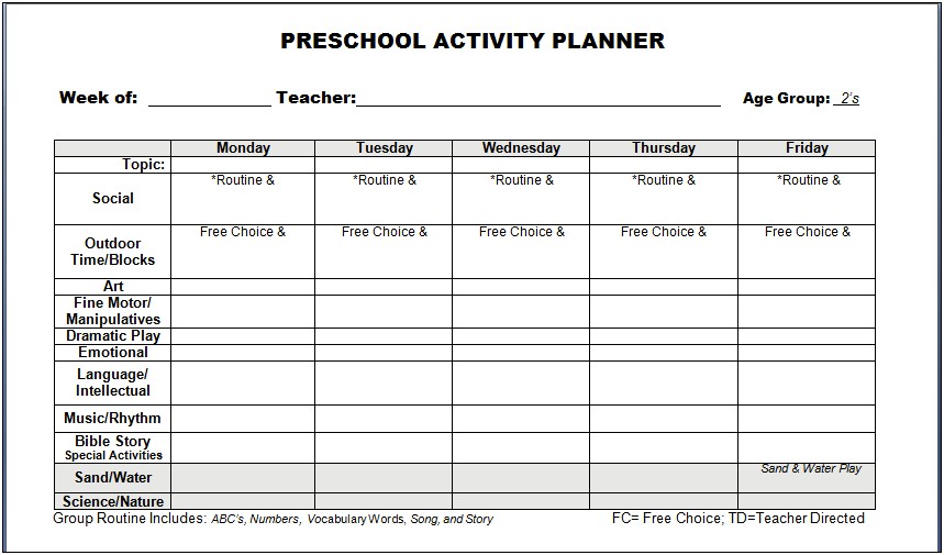 Free Kindergarten Weekly Lesson Plan Template