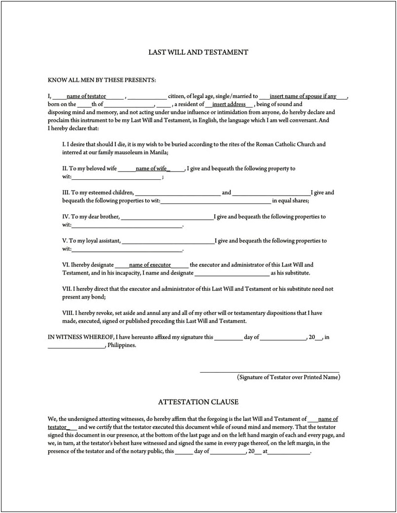 Free Last Will And Testament Document Template