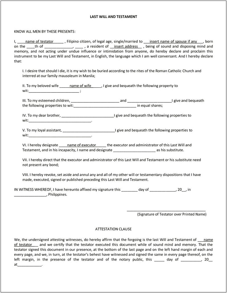 Free Last Will And Testament Template Indiana