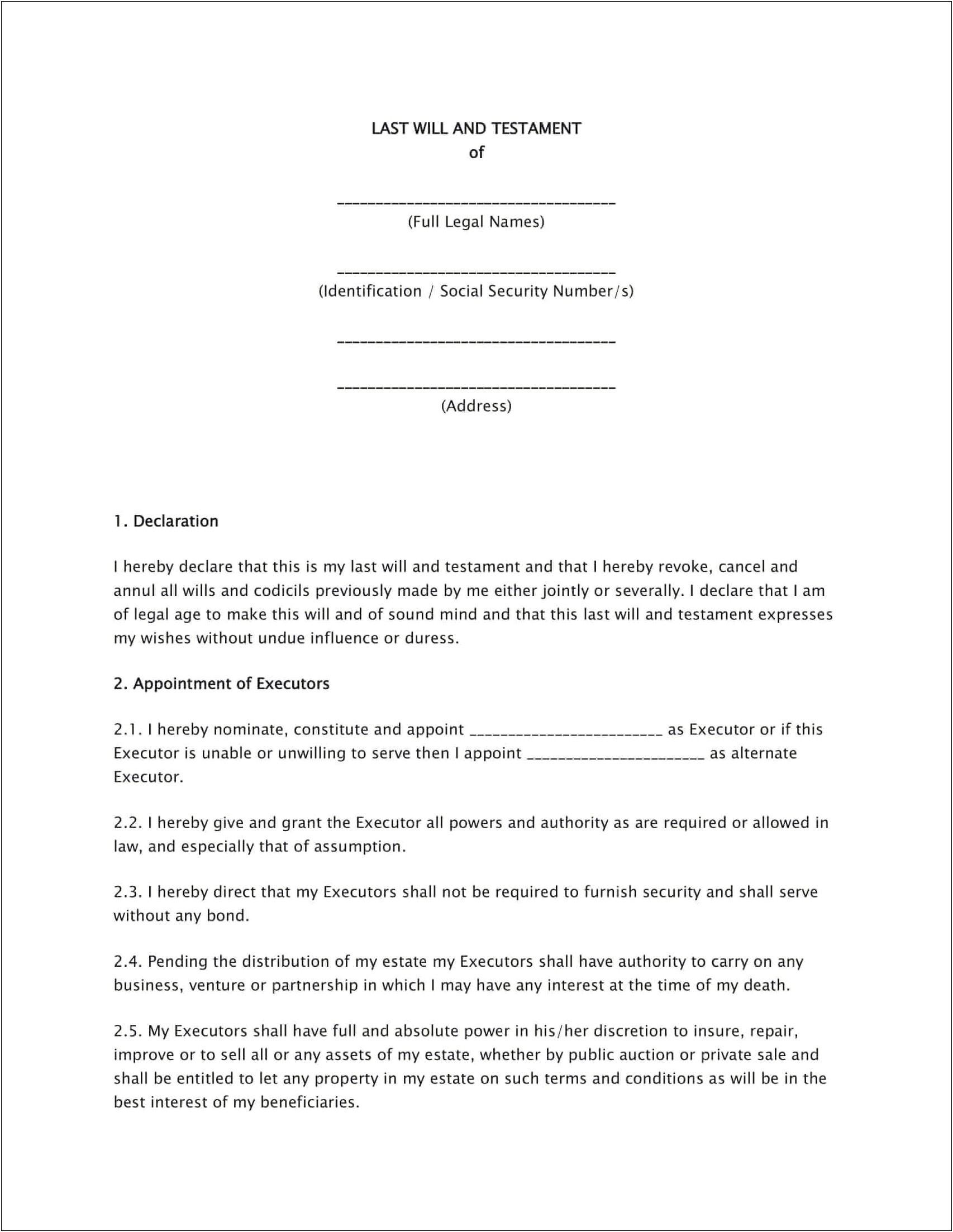 Free Last Will And Testament Template Pdf Texas