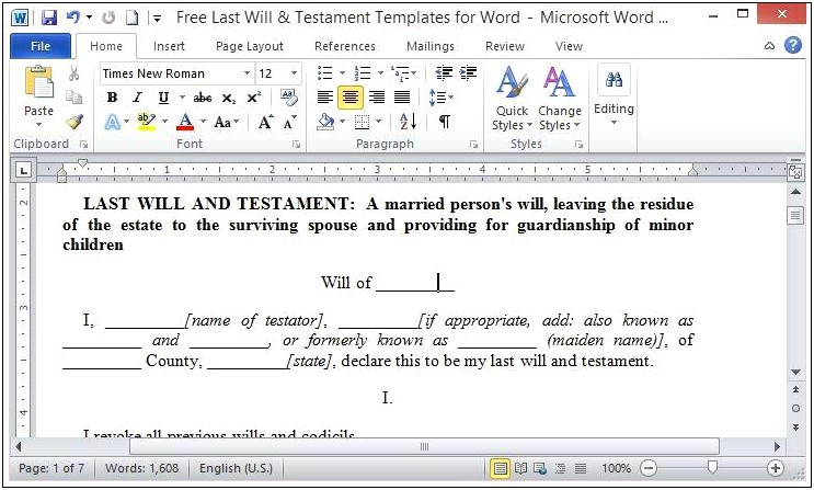 Free Last Will And Testament Template South Carolina