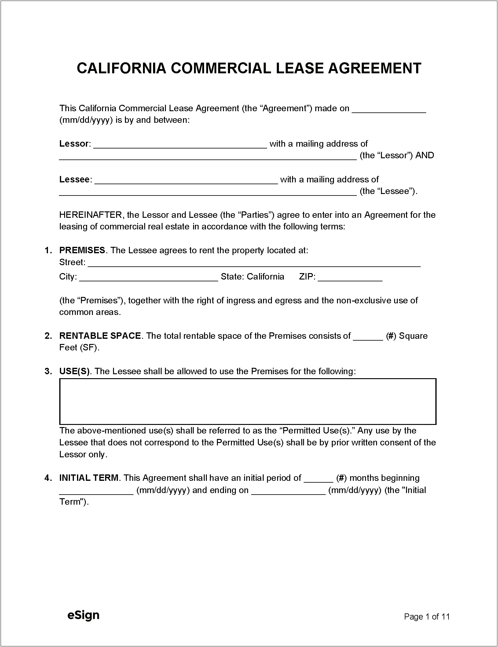 Free Lease Business Agreement Template California