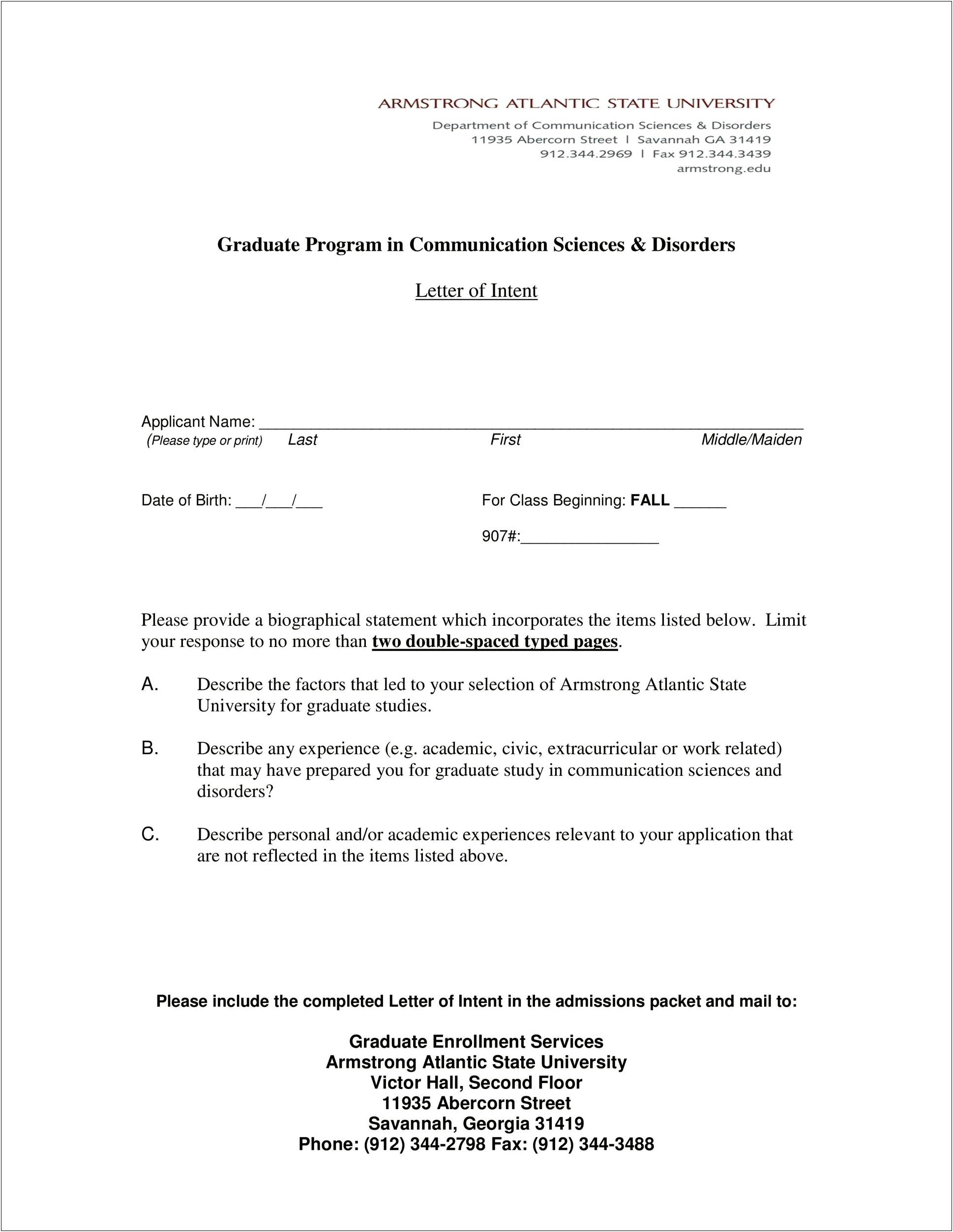 Free Letter Of Intent Template For Graduate School