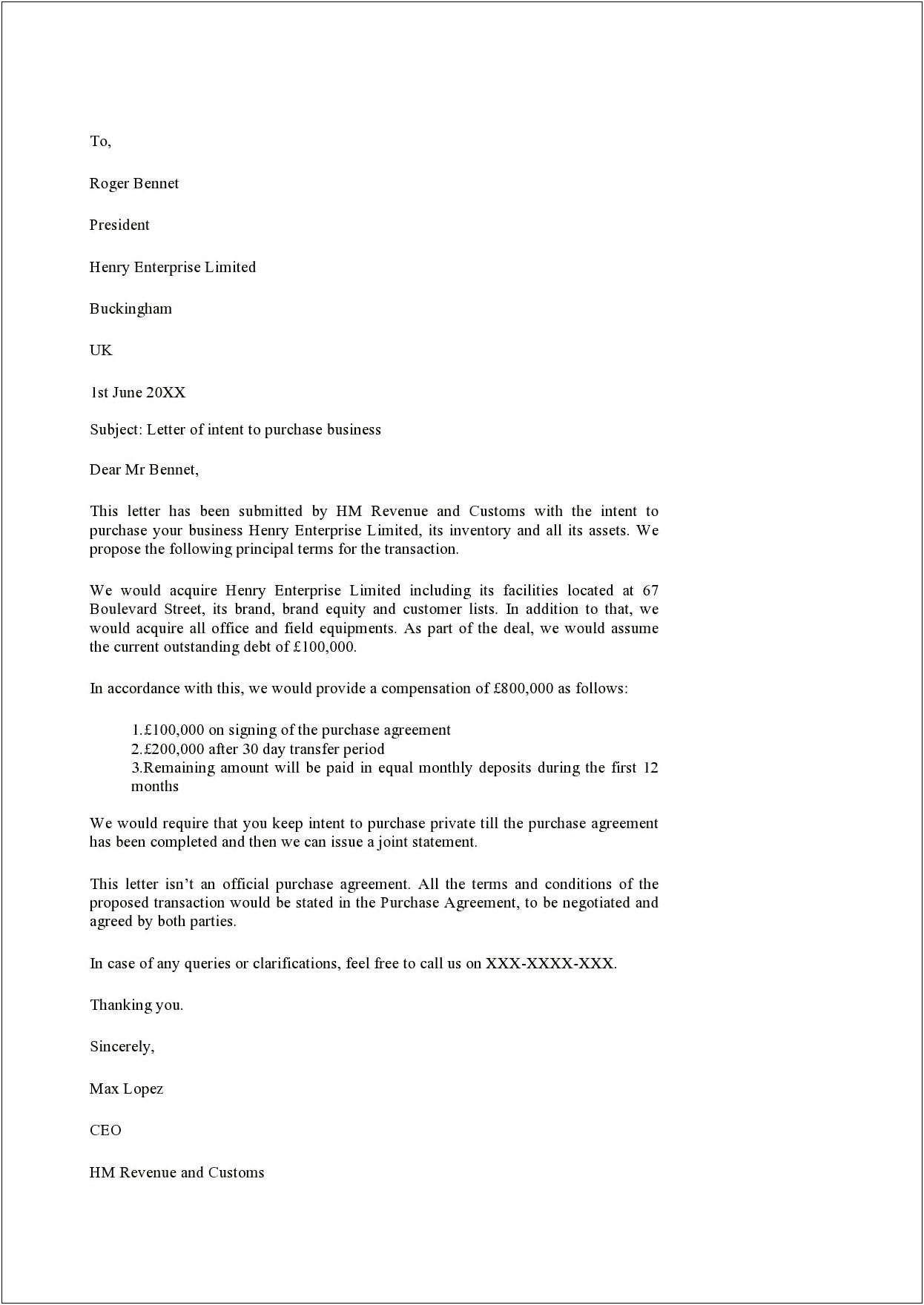 Free Letter Of Intent To Purchase Business Template