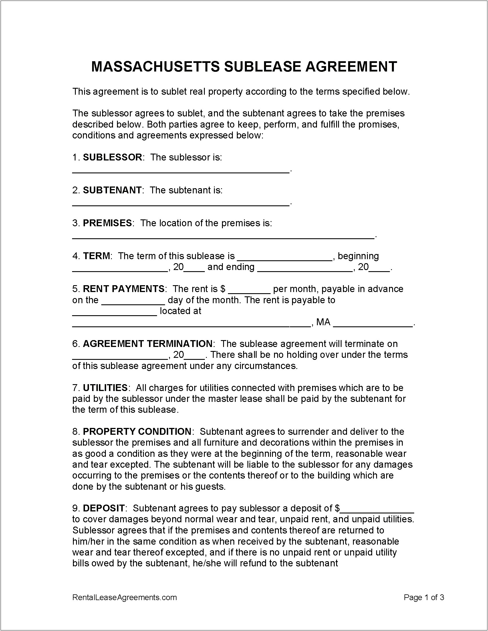 Free Massachusetts Sublease Agreement Templates Pdf & Docx Formswift