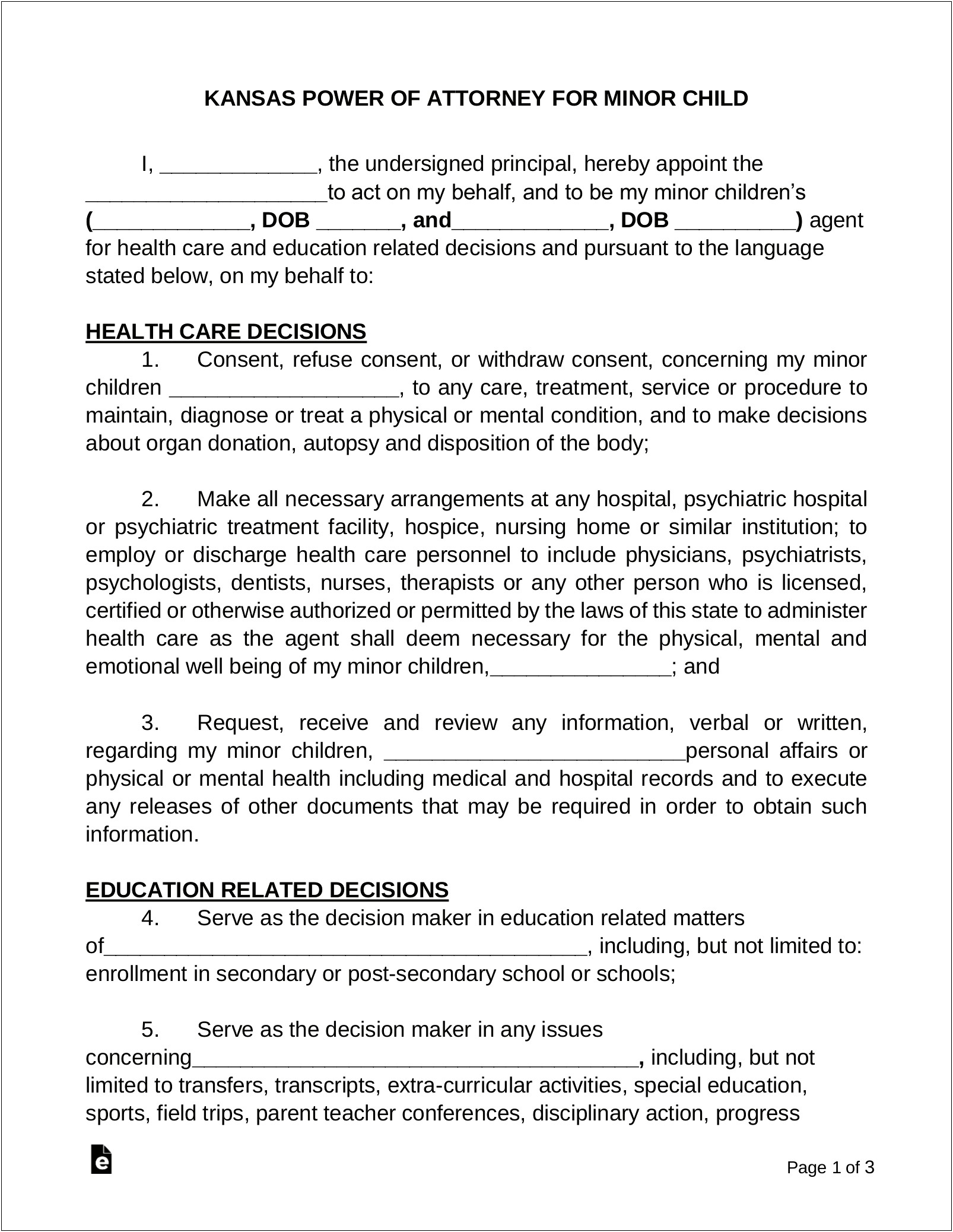 Free Medical Power Of Attorney For Child Template
