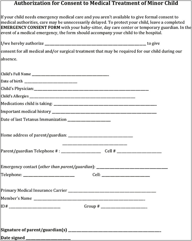 Free Medical Release Form Template For Minor
