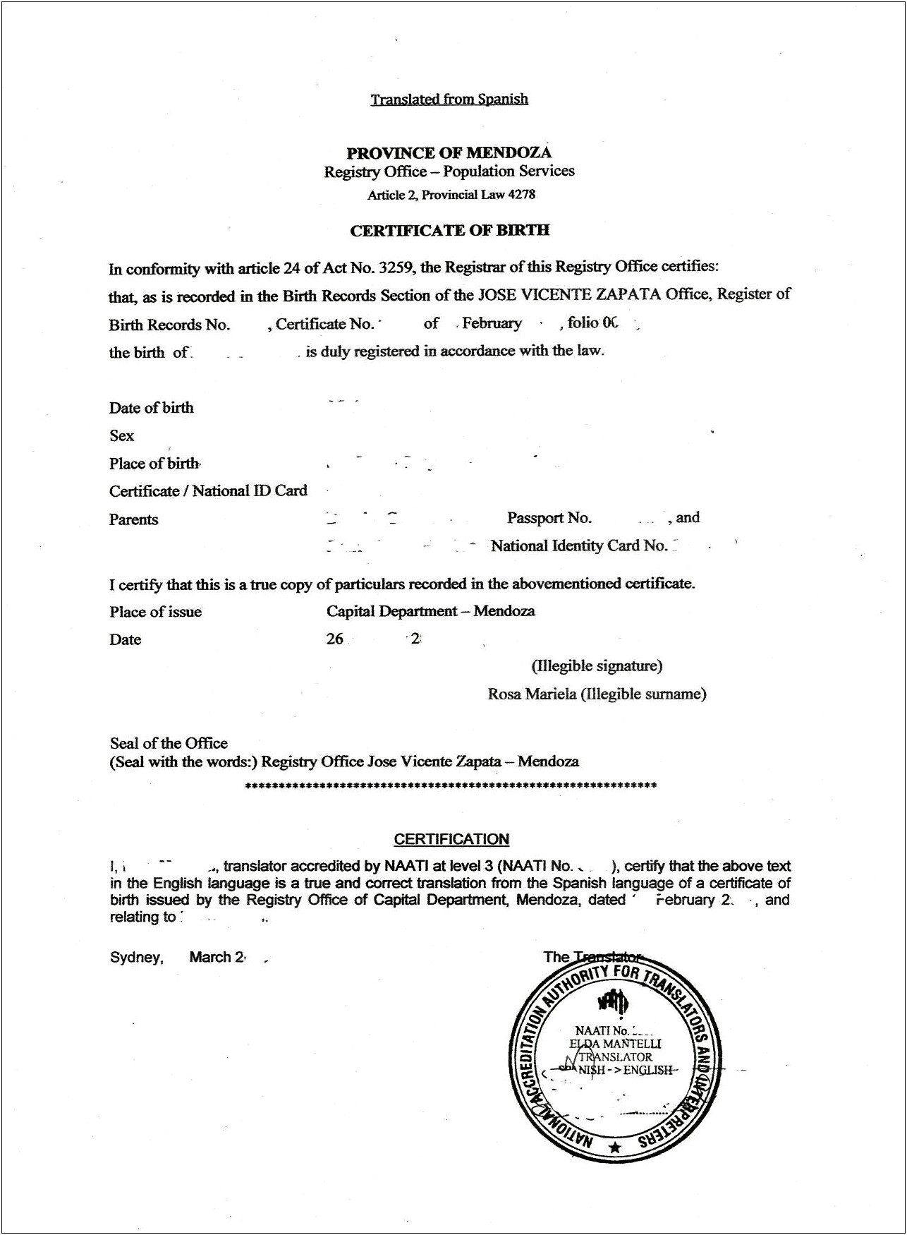 Free Mexican Birth Certificate Translation Template