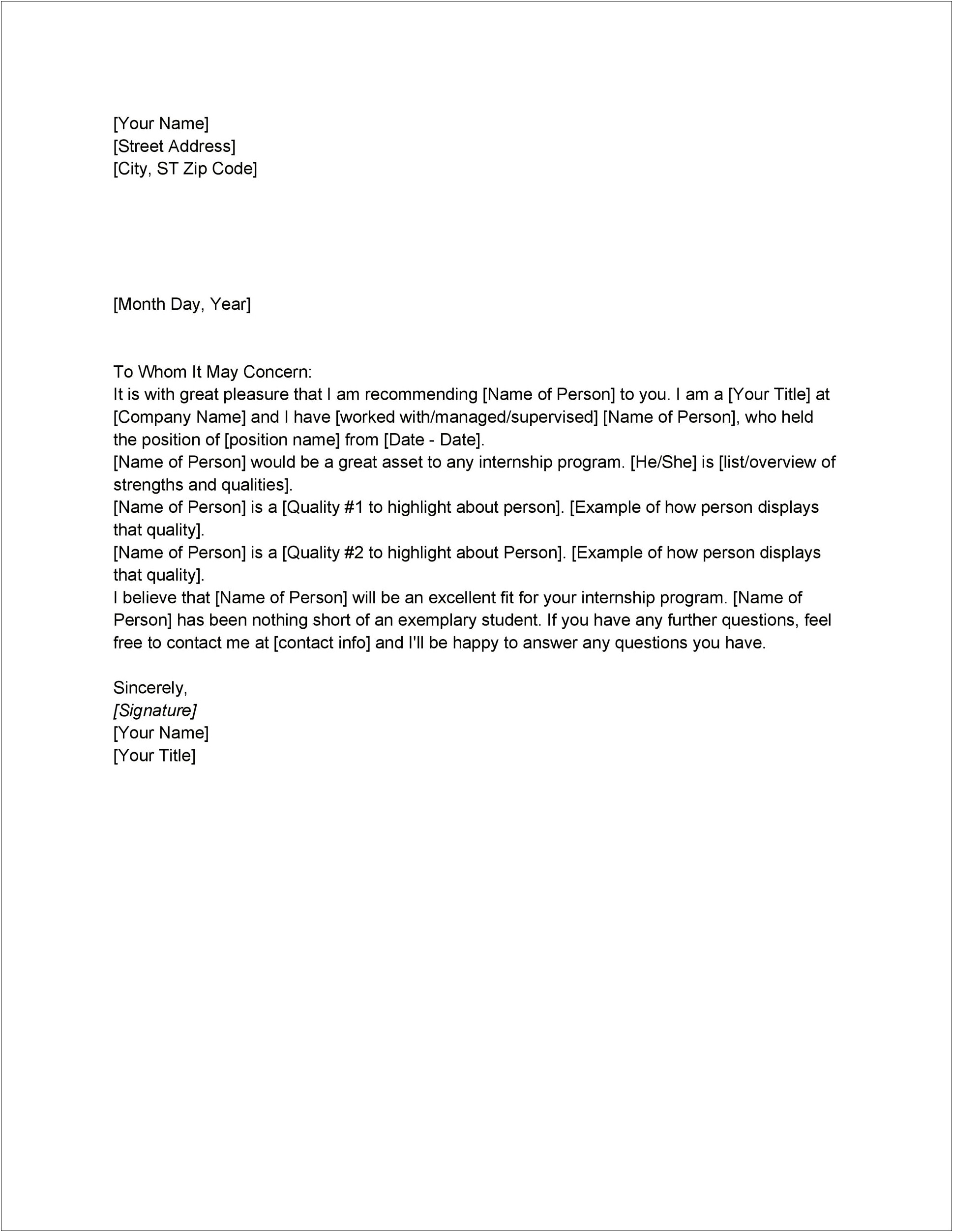 Free Microsoft Letter Of Recommendation Template